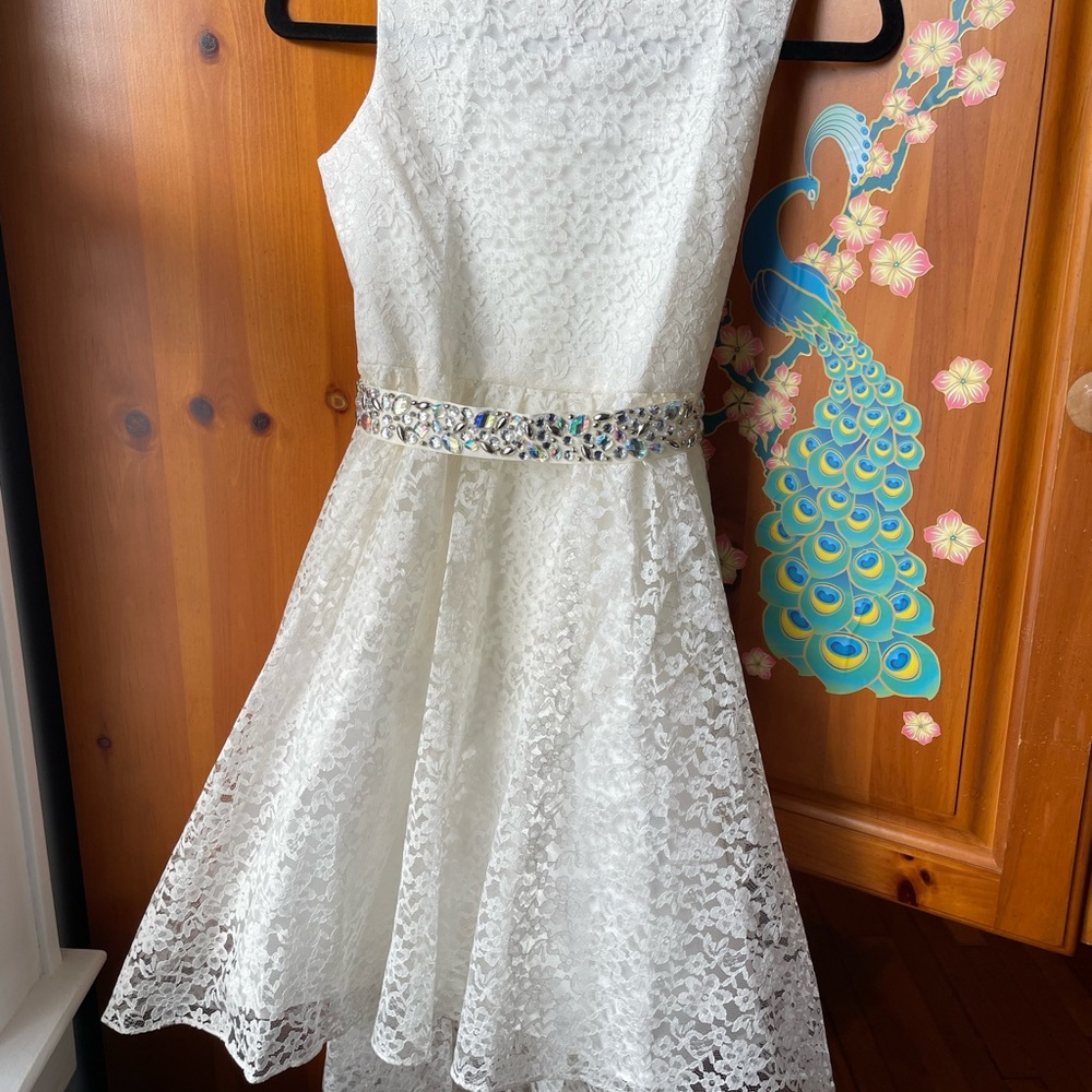 BRAND NEW My Best Kid Cream lace Girls dress high-low, rhinestone ribbon belt